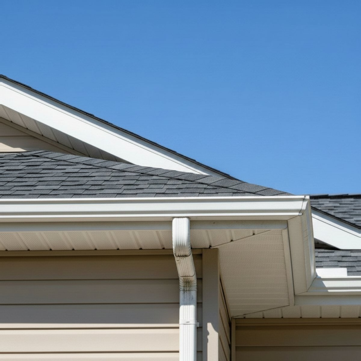 A clean gutter after cleaning: clear channel, water flowing freely through a clean downspout