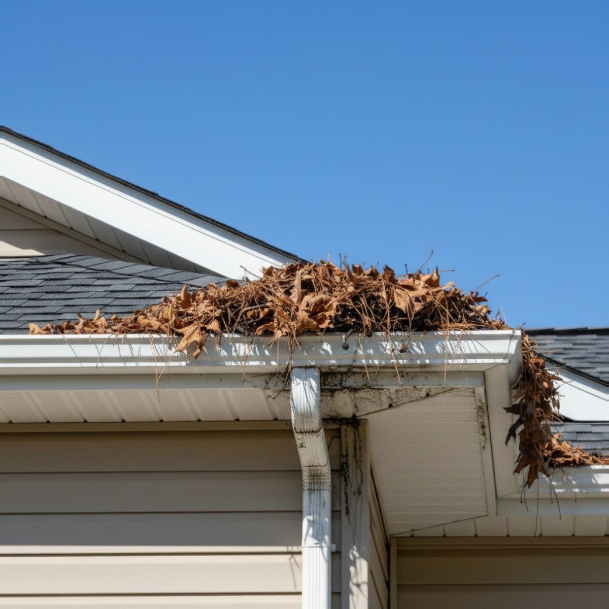 Gutter before cleaning: packed with leaves and debris, overflowing at the corner