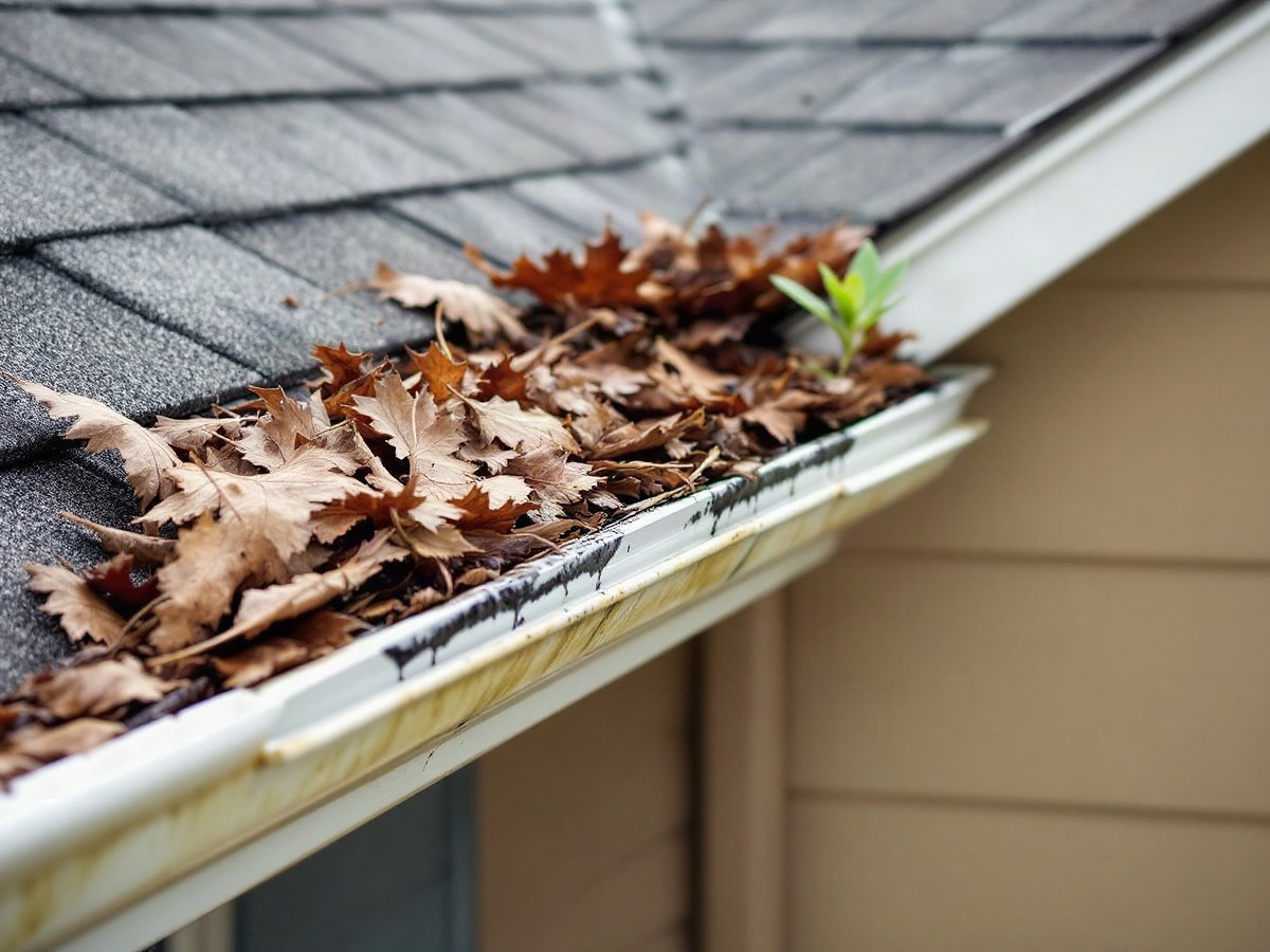 A Boise home’s gutter packed with wet maple leaves, pine needles and sludge, with overflow streaks down the gutter and fascia, before gutter cleaning