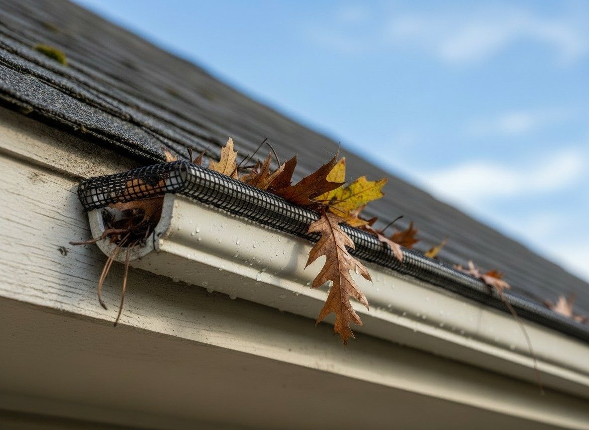 A gutter fitted with a mesh gutter guard that keeps leaves out, illustrative example