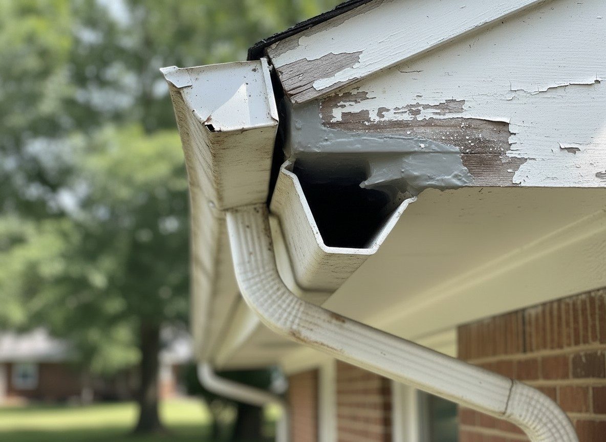 A gutter section re-secured and sealed after repair, illustrative example